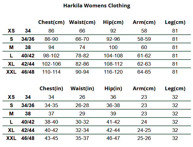 2025 Harkila Womens Clothing  Size Chart